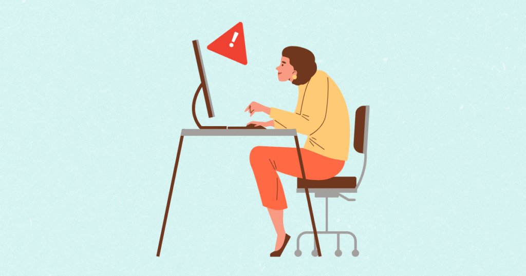 errors when configuring your acfr are common - this image shows a woman at a keyboard with alert sign